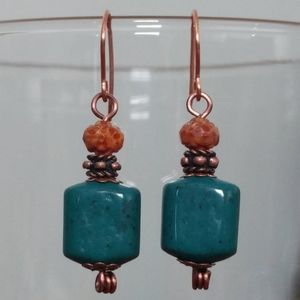 Handmade Vintage Teal Glass Cube Copper Earrings